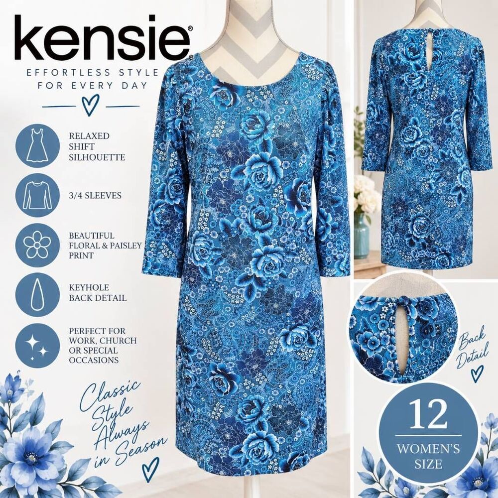 Kensie Women’s 12 Blue Floral Paisley Shift Dress 3/4 Sleeve Stretch